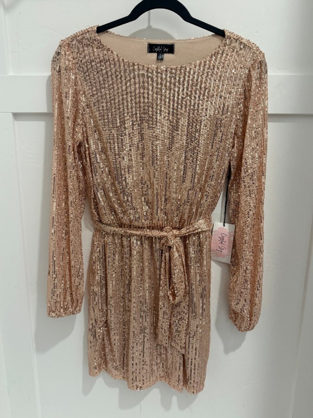 NWT Crystal Sky Gold Sequin Dress Small Long Sleeve Belted Mini Cocktail Holiday